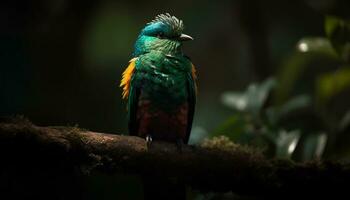 A vibrant blue macaw perching on a branch in the forest generated by AI photo
