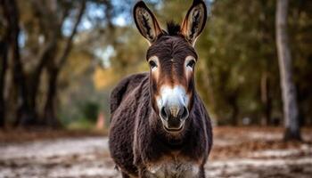 Cute donkey grazing on green meadow, looking at camera generated by AI photo