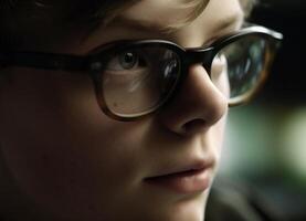 Cute child with eyeglasses looking at camera, serious and elegant generated by AI photo