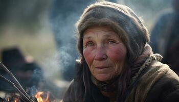 Smiling senior woman in winter, looking at camera in forest generated by AI photo