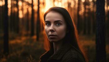 joven mujer en otoño bosque, sonriente, belleza en naturaleza, soledad generado por ai foto