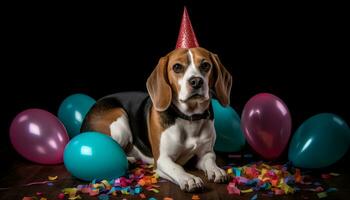 linda perrito celebra cumpleaños con globos, regalos, y fiesta sombrero generado por ai foto