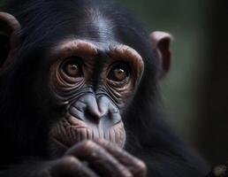 Cute monkey in the wild, staring with sad expression generated by AI photo