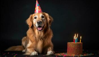 linda perrito celebra cumpleaños con vela, pastel, y regalos generado por ai foto