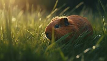 Cute fluffy guinea pig sitting on green meadow in summer generated by AI photo