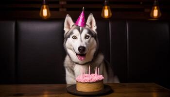 A cute puppy celebrates its birthday with a chocolate cake generated by AI photo