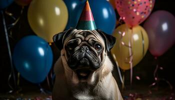 Cute puppy celebrates birthday with balloons at a fun party generated by AI photo