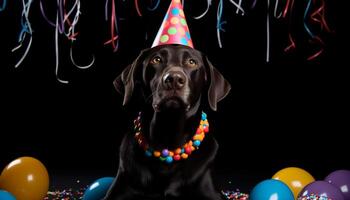 Cute puppy celebrates birthday with colorful decorations and chocolate gift generated by AI photo