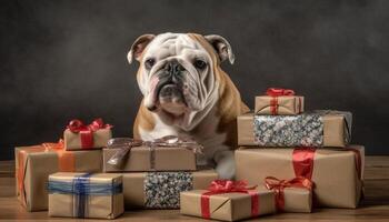 Cute puppy sitting, looking at gift box with curiosity and humor generated by AI photo