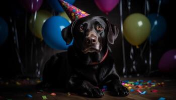 Cute puppy celebrates birthday with friends, balloons, and confetti generated by AI photo