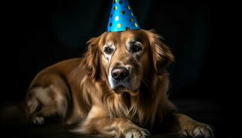 Cute puppy, loyal Labrador, sitting, looking at camera, black background generated by AI photo