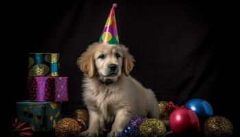 linda perrito celebra cumpleaños con regalo, rodeado por decoraciones y amigos generado por ai foto