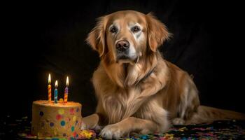un linda perrito se sienta, mirando a cámara, con cumpleaños regalo generado por ai foto