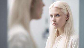 Two young adult Caucasian women, one blond, indoors, working in office generated by AI photo