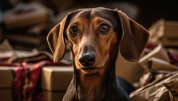 Cute puppy, purebred dachshund, sitting outdoors, looking at camera generated by AI photo