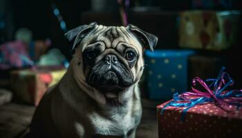 Cute pug puppy sitting outdoors, looking at camera with curiosity generated by AI photo