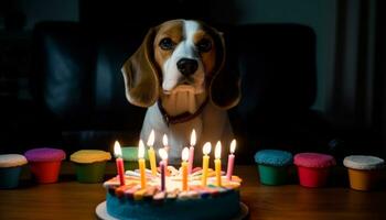Cute puppy sitting, looking at birthday cake, candle burning, celebration generated by AI photo