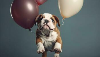 Cute puppy sitting, looking at camera, playful, celebrating birthday generated by AI photo