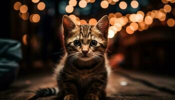 Cute kitten with striped fur, staring at camera, fluffy and playful generated by AI photo