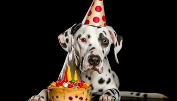 linda perrito celebra cumpleaños con chocolate pastel y fiesta sombrero generado por ai foto