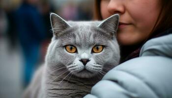 Cute kitten with fluffy fur looking at camera outdoors generated by AI photo