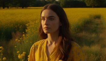 Young woman in a meadow, enjoying nature beauty and serenity generated by AI photo