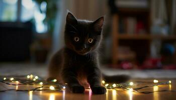 Cute kitten looking at camera, playful and charming indoors generated by AI photo