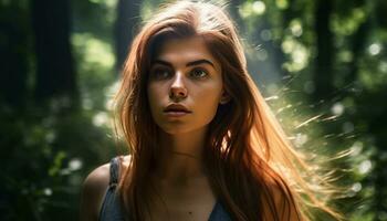 joven mujer en naturaleza, sonriente, mirando a cámara, belleza en verano generado por ai foto