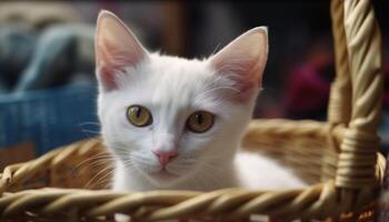 Cute kitten sitting in a basket, staring with yellow eyes generated by AI photo