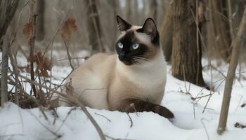 Cute kitten sitting in snow, staring with blue eyes generated by AI photo