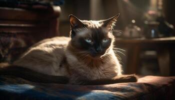 Cute kitten sitting on sofa, looking at camera with blue eyes generated by AI photo