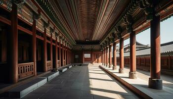 Ancient Beijing corridor, built structure, vanishing point, Chinese culture, spirituality generated by AI photo