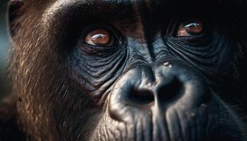 tristeza en el ojos de un en peligro de extinción primate en África generado por ai foto