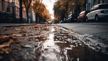 City life in autumn, wet streets reflect old buildings generated by AI photo