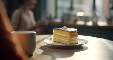 A woman enjoys a sweet dessert in her cozy kitchen generated by AI photo