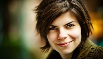 Smiling young woman outdoors, looking at camera with confidence generated by AI photo