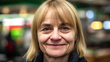 sonriente mujer, retrato, mirando a cámara, felicidad generado por ai foto