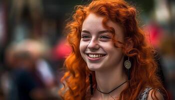 sonriente joven adulto pelirrojo mujer, felicidad en alegre retrato generado por ai foto