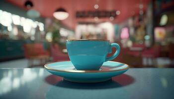 Coffee cup on table in coffee shop, indoors, close up generated by AI photo