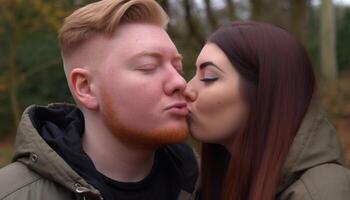 Young couple embracing in nature, smiling, enjoying their relationship outdoors generated by AI photo