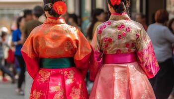 dos mujer caminando en tradicional ropa a un tradicional festival generado por ai foto