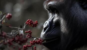 Primate in tropical rainforest, close up of cute monkey eating fruit generated by AI photo