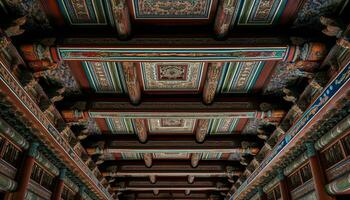 Ancient Chinese cultures built wood structures with ornate decorations generated by AI photo