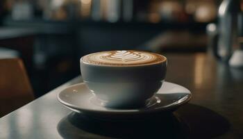 A frothy cappuccino on a wooden table, a coffee lover delight generated by AI photo