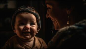 A cute baby boy smiling, bonding with his mother indoors generated by AI photo