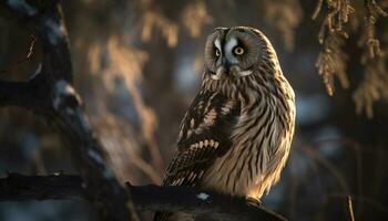 Eagle owl perching on branch, staring with intense animal eye generated by AI photo