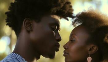 African love young adults smiling, outdoors, embracing, curly hair happiness generated by AI photo