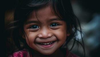 sonriente niño, linda y alegre, felicidad en uno persona retrato generado por ai foto