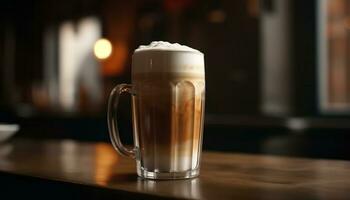 Frothy drink on table, refreshing liquid in dark pub generated by AI photo