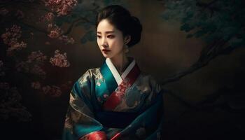 A beautiful geisha in traditional clothing exudes elegance and grace generated by AI photo